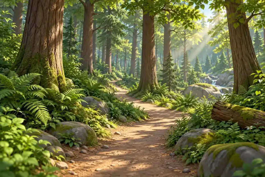 A winding footpath passes between tall green trees in a quiet forest.