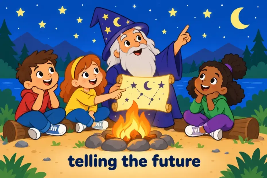 A cartoon robed storyteller points to a starry sky as children listen, illustrating foretell in a sentence as announcing what will happen.