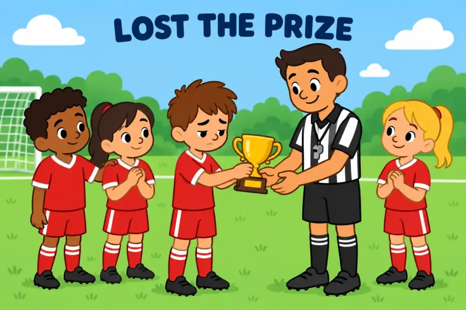 Cartoon children hand a trophy back to a referee, showing forfeit in a sentence as losing a prize for a broken rule.