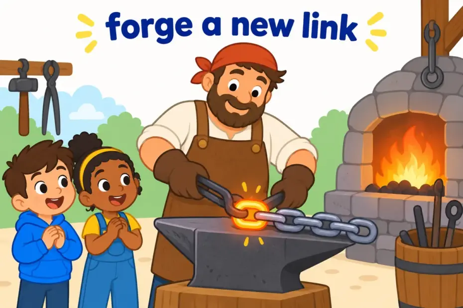 Cartoon children watch a blacksmith forge glowing metal into a sturdy chain link, showing forge in a sentence as shaping by effort.