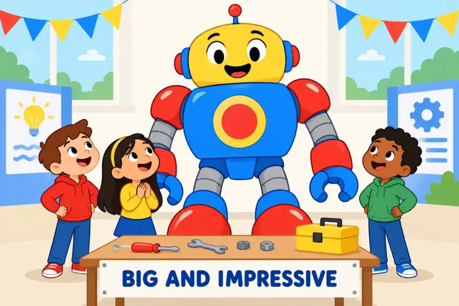 Cartoon children gaze up at a giant friendly robot they built, showing formidable in a sentence as commanding respect through size.