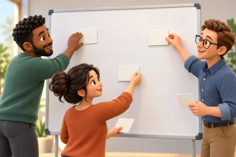 A team organizes notes around a blank board to develop a plan.
