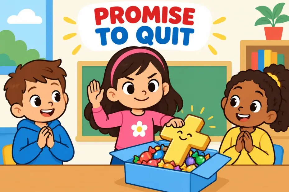 Cartoon child raises a hand in a promise beside a crossed-out box of sweets, showing forswear in a sentence as giving something up.