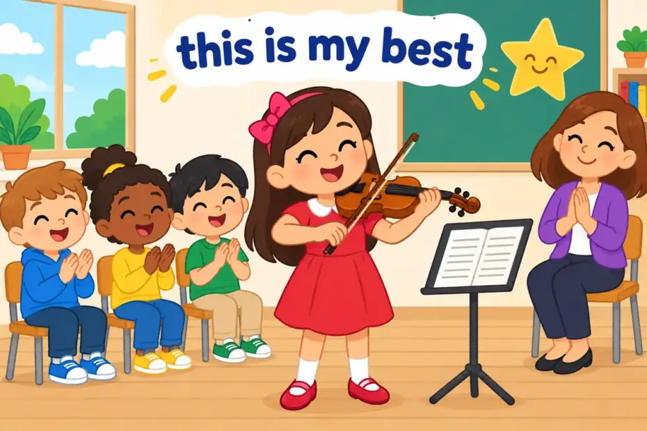 Cartoon girl confidently plays a violin at the front of a class, showing forte in a sentence as a person’s strongest skill.