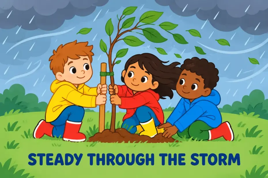 Children keep a young tree upright through wind, illustrating fortitude in a sentence as strength through difficulty.