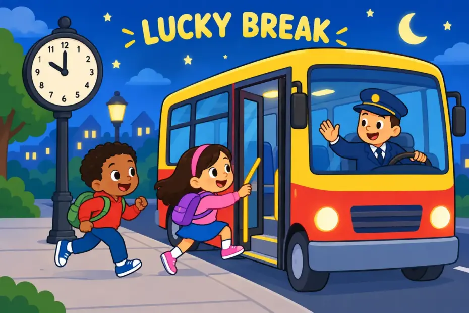 Cartoon children catch the last bus as it waits, showing fortunate in a sentence as a lucky, favourable turn of events.