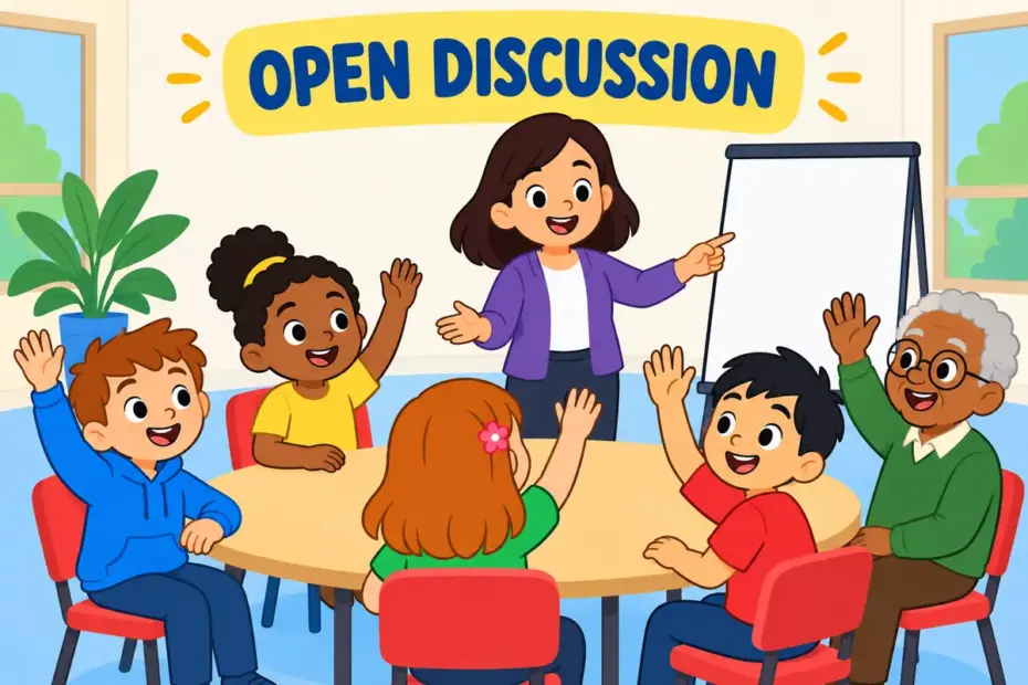Cartoon townspeople raise hands around a round table, showing forum in a sentence as open public discussion.
