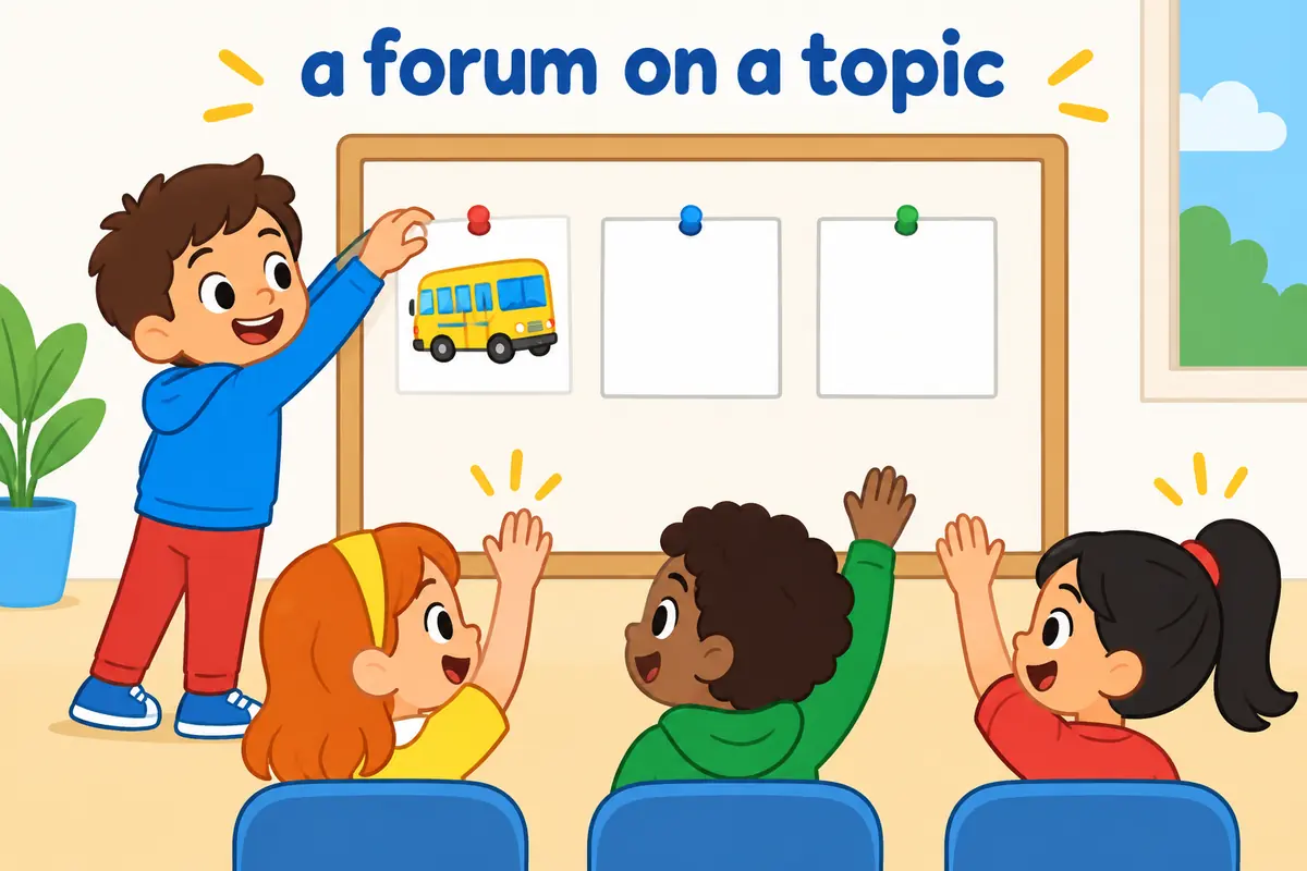 A cartoon banner shows a topic card beside the phrase a forum on, with children taking turns to speak.