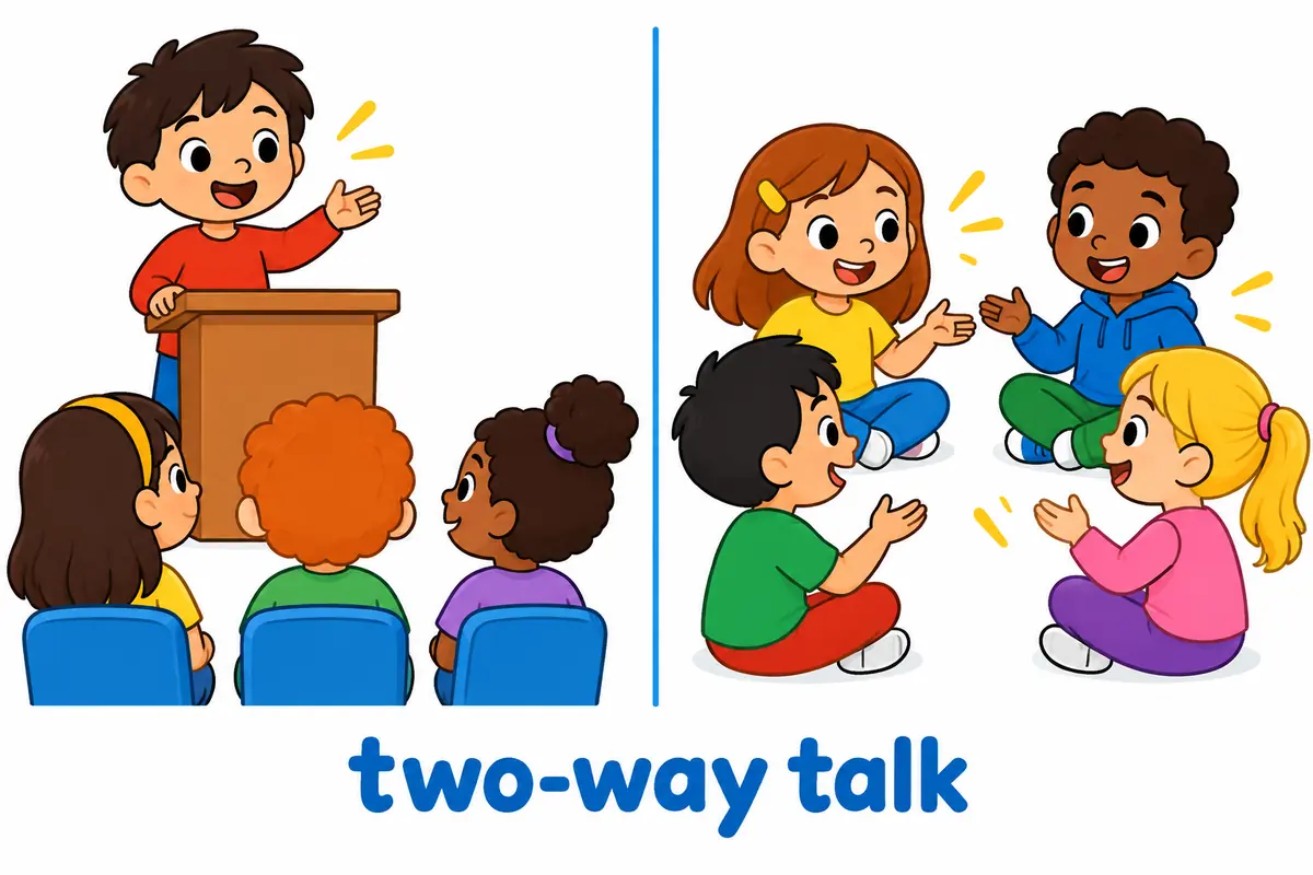 A split cartoon panel contrasts a speaker at a lectern with children discussing in an open circle.