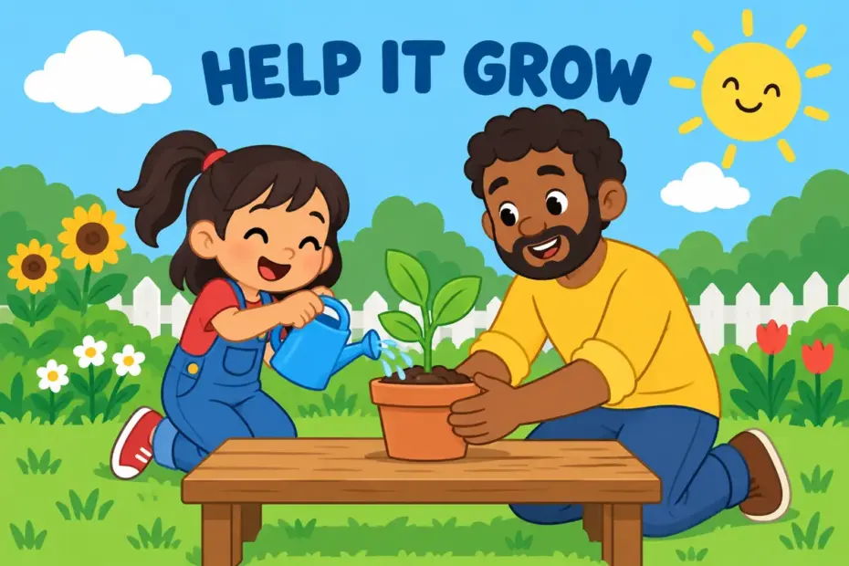 Cartoon child and adult water a young seedling in a pot together, illustrating foster in a sentence as encouraging growth.