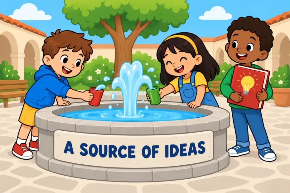 Cartoon children fill cups at a bubbling stone basin while a friend holds a book, showing fount in a sentence as a source.