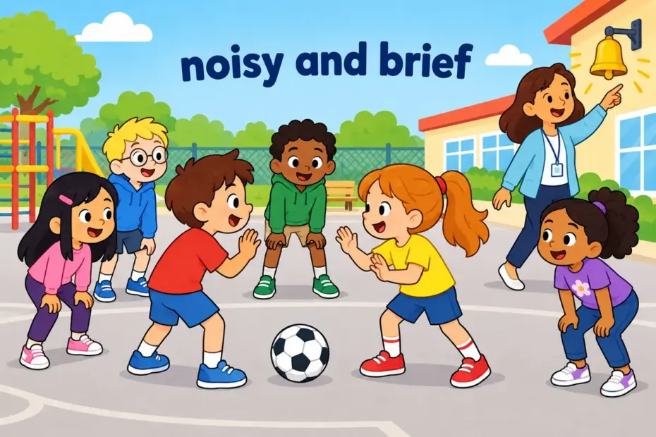 Cartoon children argue loudly over a football while a small crowd gathers, showing fracas in a sentence as a short, noisy quarrel.