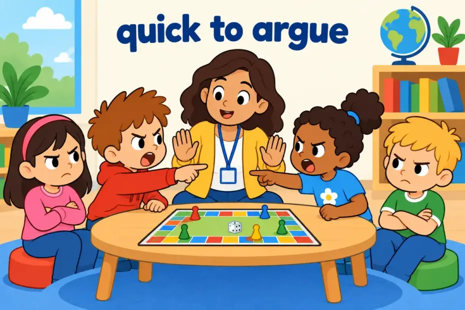 Cartoon children in a circle argue over a board game while a teacher tries to calm them, showing fractious in a sentence.