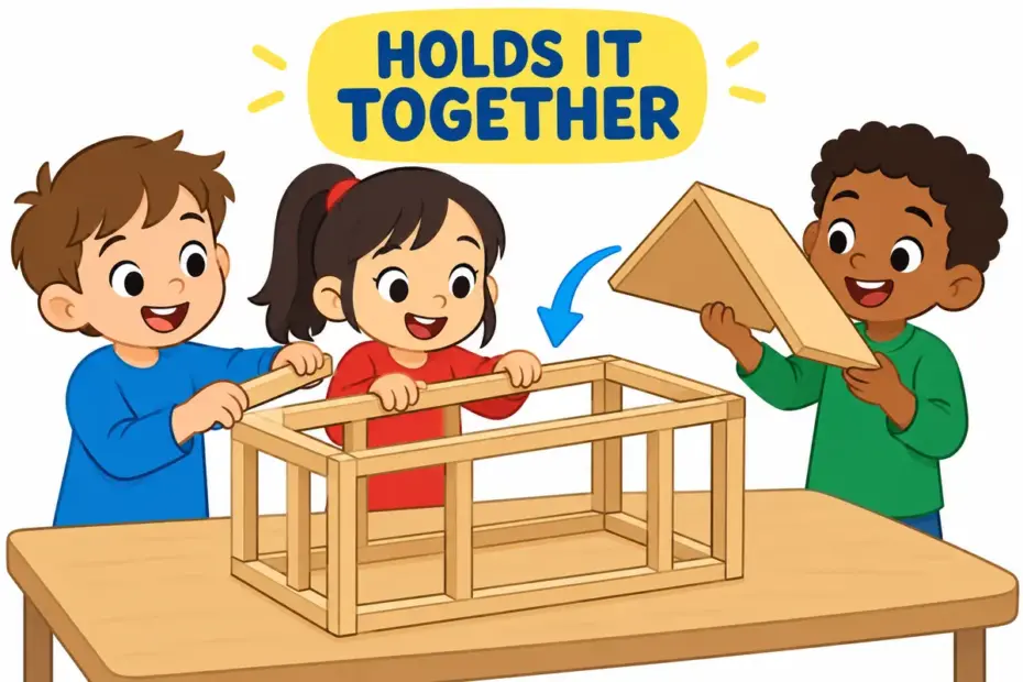 Cartoon children fit beams into a model house frame, illustrating framework in a sentence as a supporting structure.