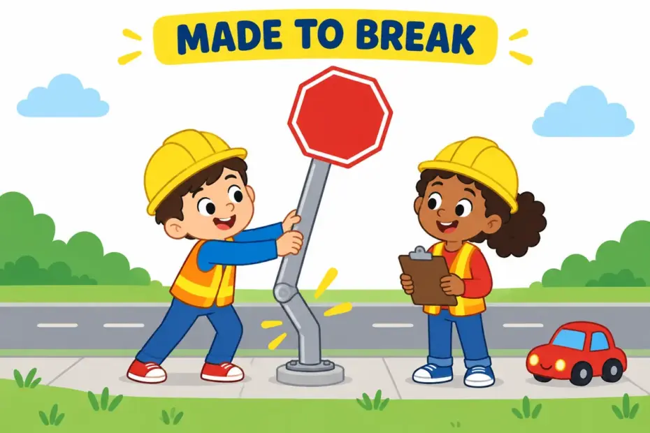 Cartoon engineers bend a frangible post that yields at its base, showing frangible in a sentence as a part built to give way.