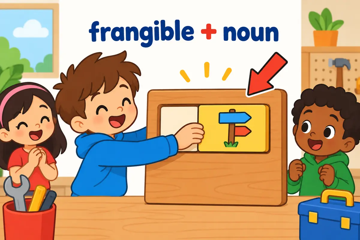 A cartoon signpost on a bend is built with a breakable joint, illustrating frangible in a sentence as a part made to give way.