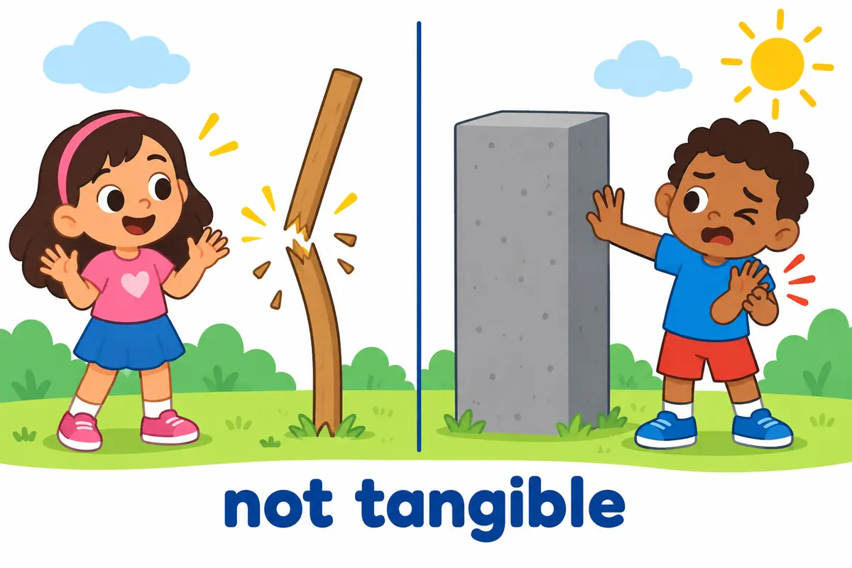 A cartoon split scene contrasts a breakable frangible post with a solid tangible block that cannot be dented.