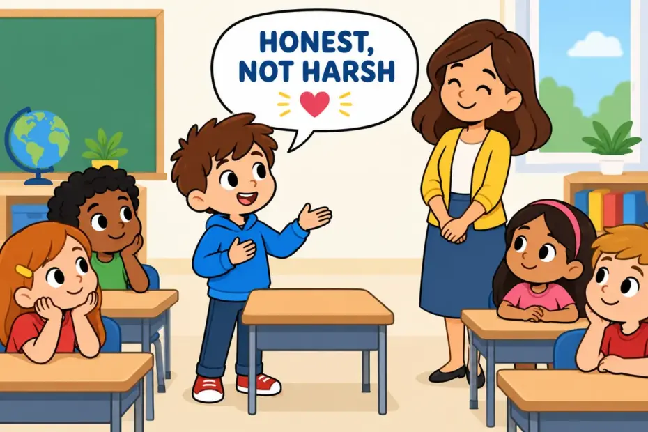 Cartoon pupils tell a teacher a truthful answer while keeping kind expressions, showing frank in a sentence as honest speech.