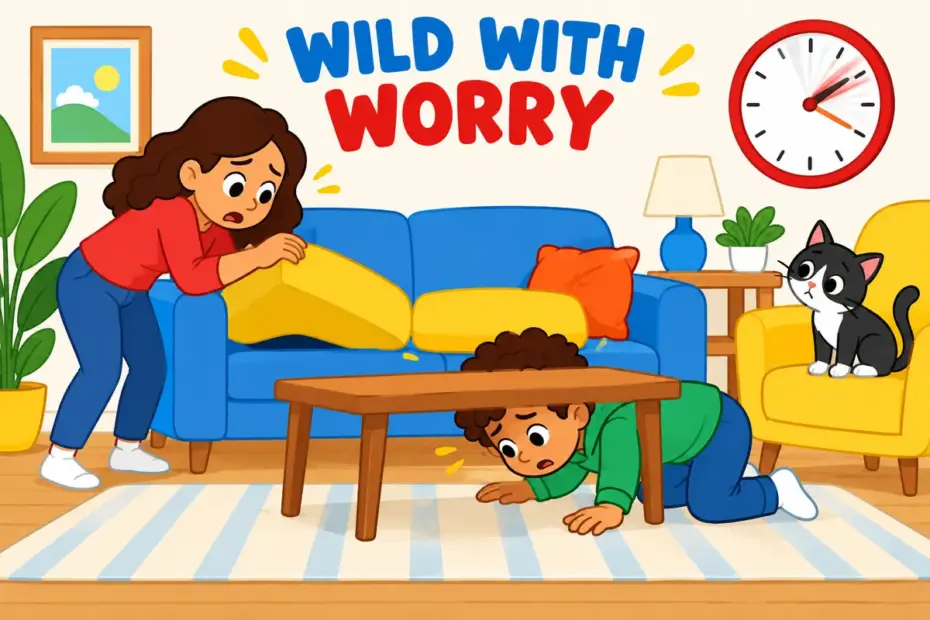 Cartoon parent and child hunt through a room at speed, showing frantic in a sentence as wild worry.