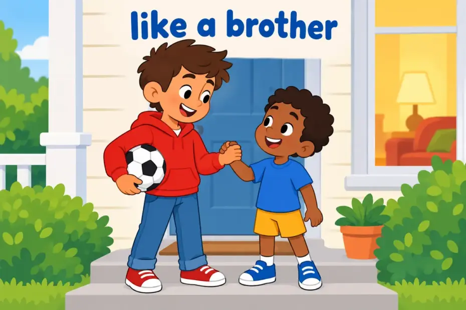 Two cartoon brothers share a warm hug on a doorstep, showing fraternal in a sentence as a brotherly bond.