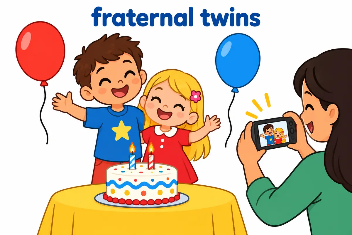 A cartoon boy and girl twin stand side by side with different hair and heights, teaching the phrase fraternal twins.