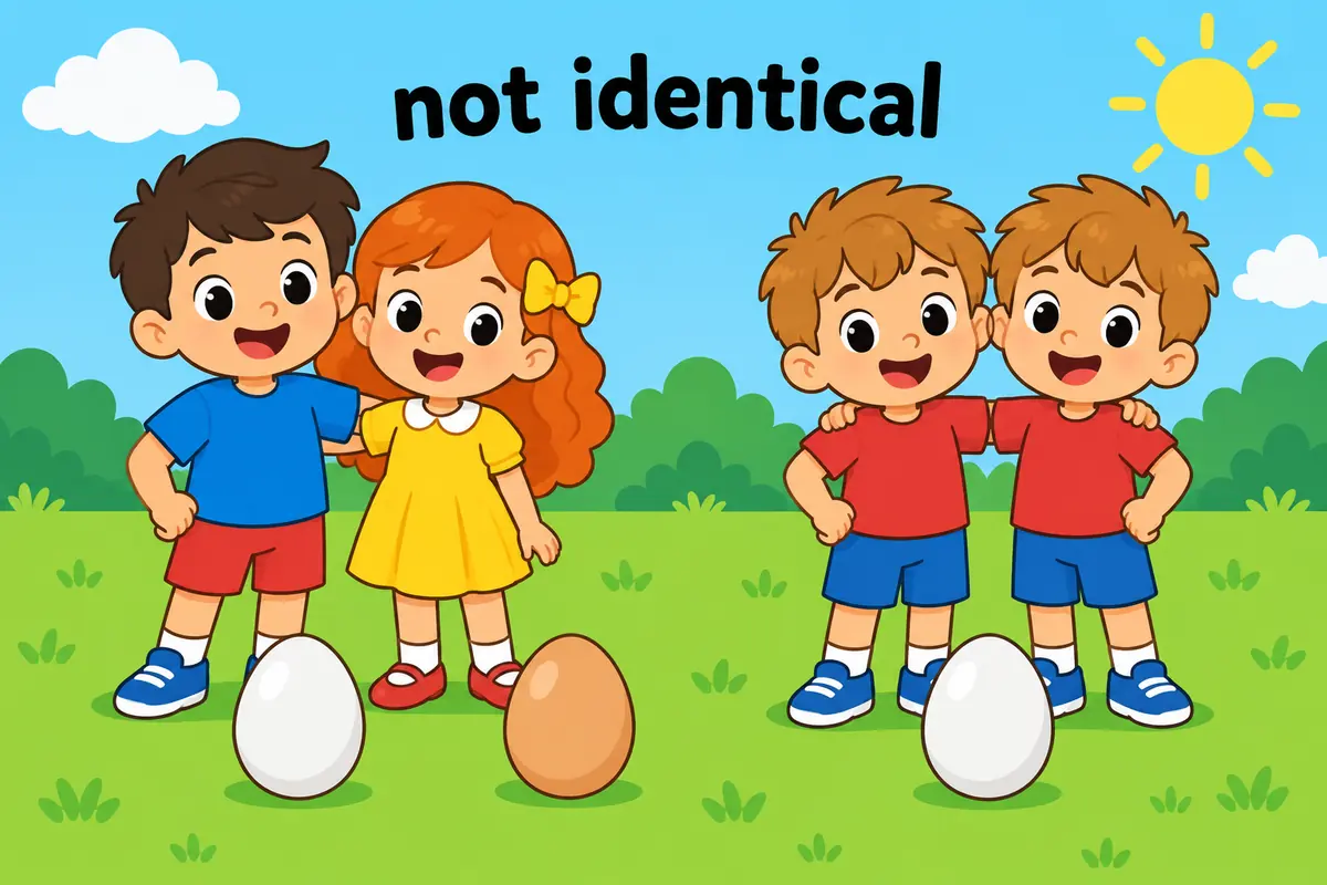 A split cartoon contrasts a boy and girl with different features against two matching children, teaching fraternal versus identical twins.