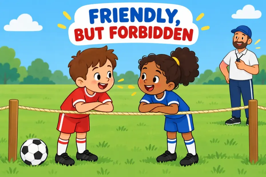 Cartoon children from two teams chat across a rope line, showing fraternize in a sentence as friendly contact across a boundary.
