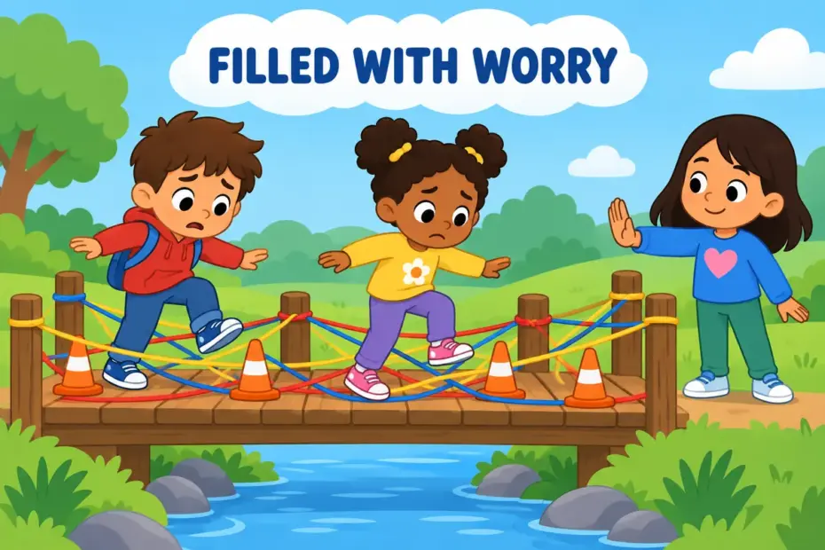 Cartoon children cross a bridge strung with tangled string, showing fraught in a sentence as loaded with difficulty.