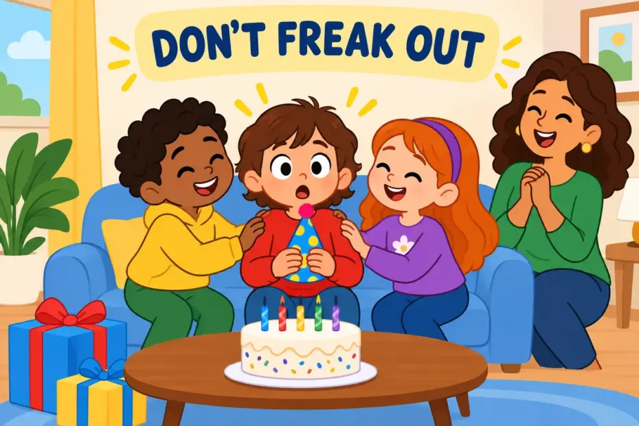 Cartoon children calm a startled friend at a surprise party, showing freak out in a sentence as a sudden strong reaction.