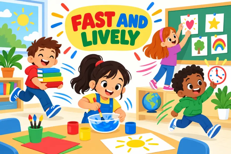 Cartoon children dash around a bustling classroom, showing frenetic in a sentence as quick and lively activity.