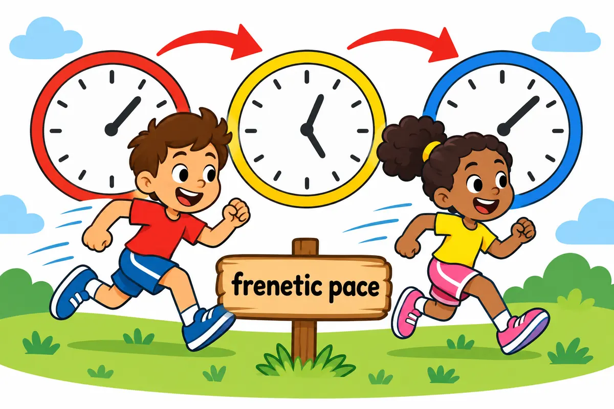 Cartoon runners and clocks show the phrase a frenetic pace with many fast arrows.