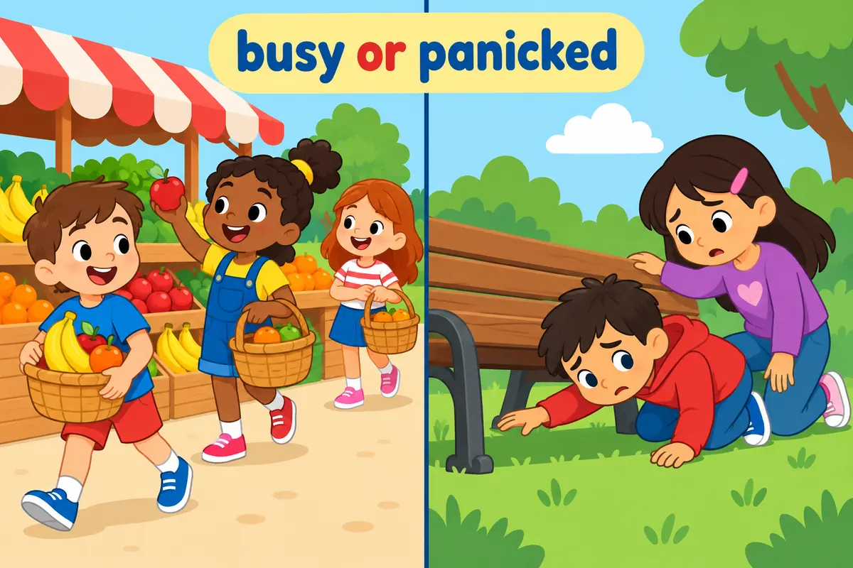 A split cartoon scene contrasts a lively busy market with a worried child searching for a lost toy.