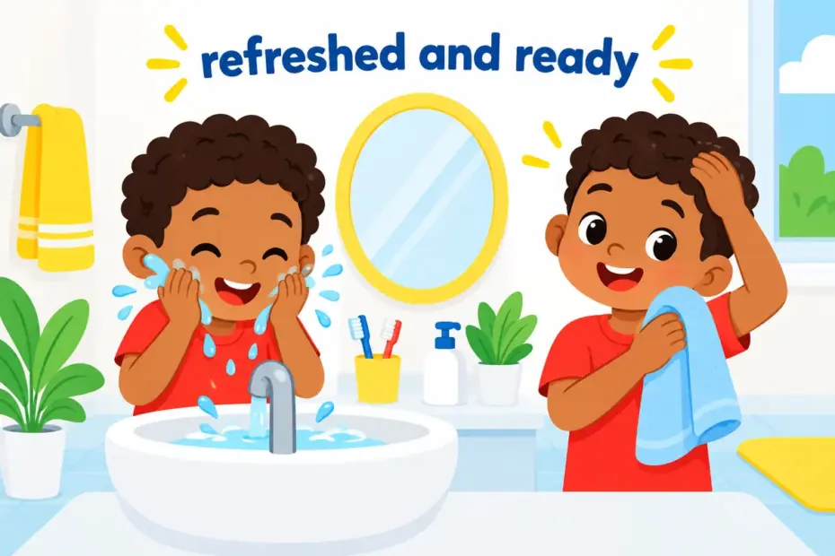 A cartoon child splashes water and neatens their hair to show freshen up in a sentence as getting refreshed.