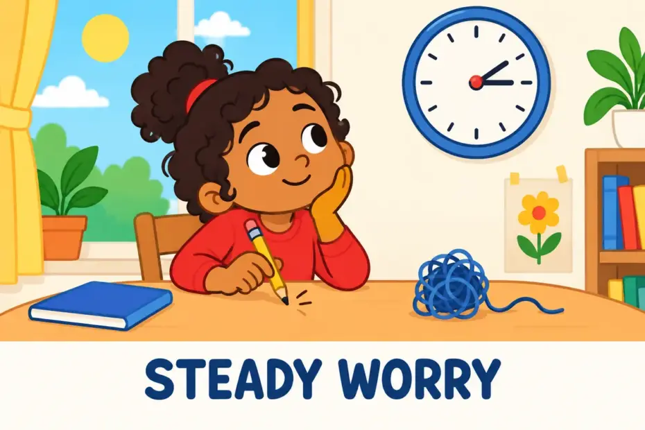 Cartoon child sits by a window tapping a pencil while looking anxious, showing fret in a sentence as restless worry.