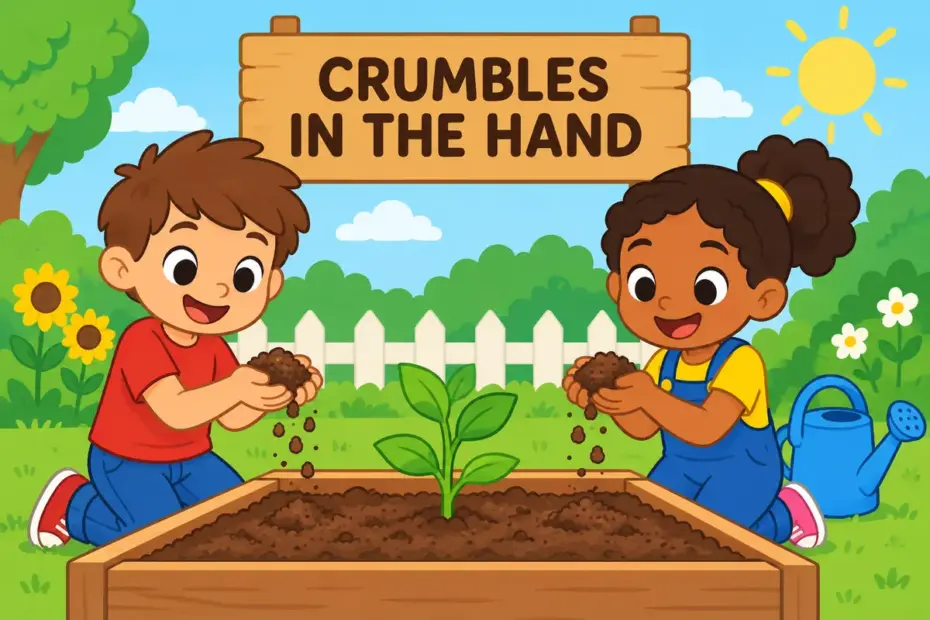 Cartoon children in a garden crumble dry soil between their fingers, showing friable in a sentence as a material that breaks into crumbs.