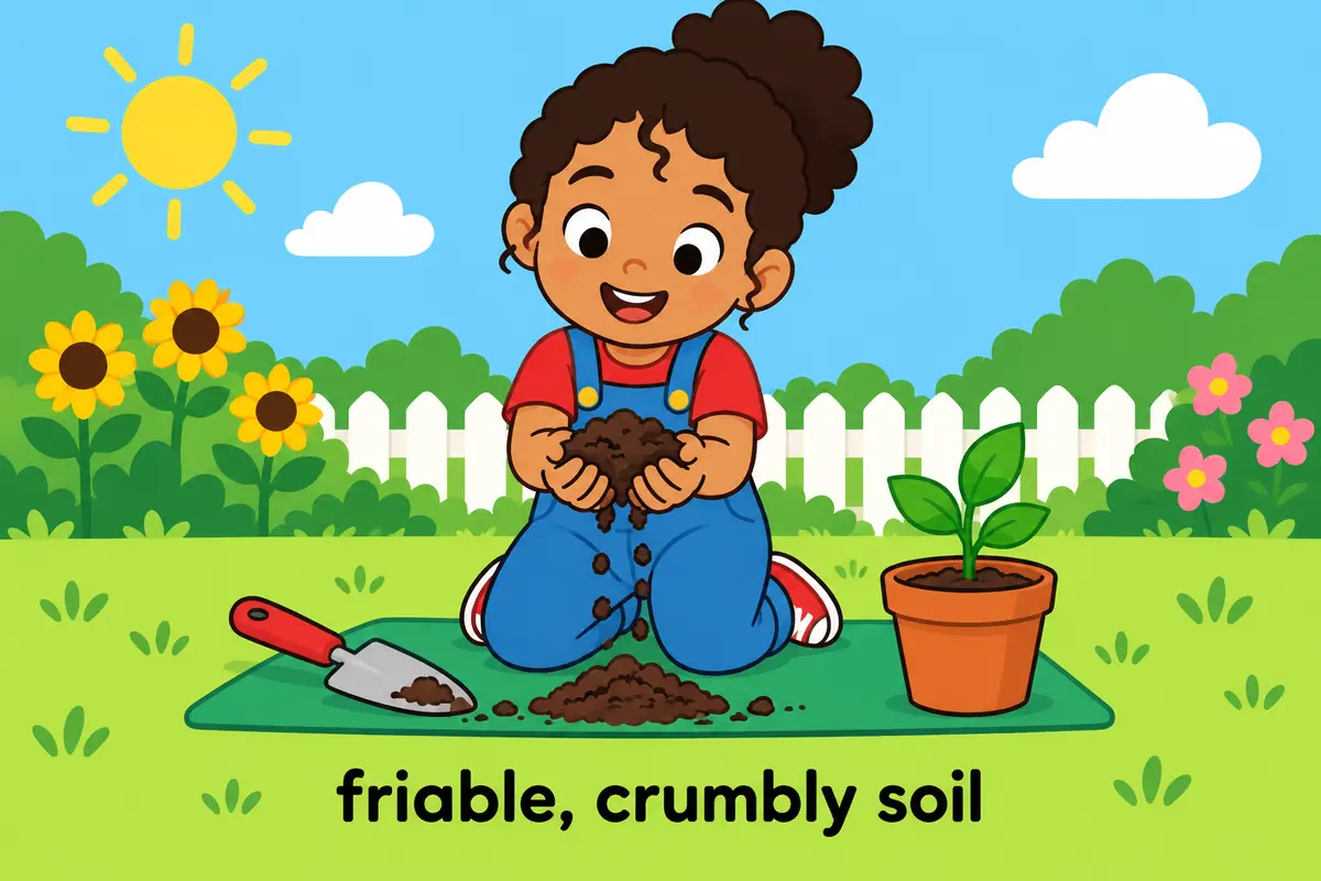 A cartoon child squeezes dry soil that crumbles into crumbs, showing friable in a sentence as crumbly material.