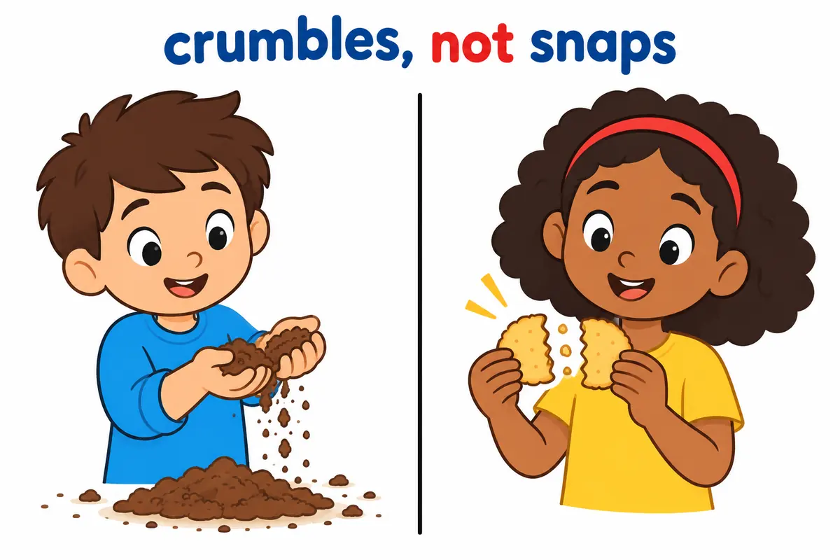 A cartoon split scene contrasts a child crumbling soft soil on one side with a child watching a brittle biscuit snap on the other.