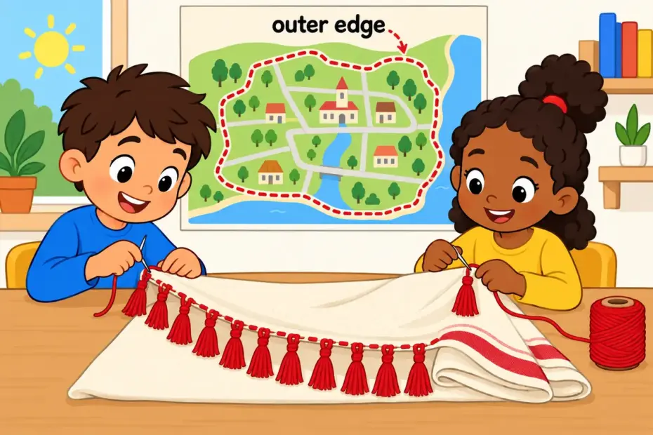 Cartoon children stitch a thread border on a shawl beside a map with a dotted outer line, showing fringe in a sentence as an outer edge.