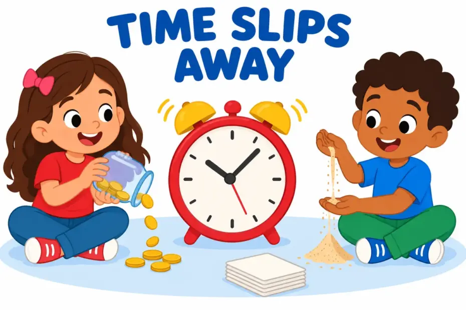Cartoon children watch coins and sand slip through their fingers, showing fritter away in a sentence as slow waste.