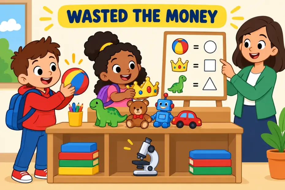 Cartoon pupils crowd a shop counter buying novelty toys instead of a class microscope, showing a frivolous purchase in a sentence.