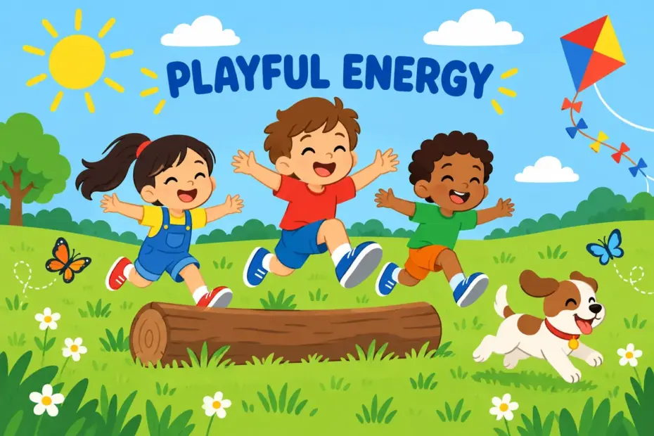 Cartoon children skip and leap across a sunny meadow, showing frolic in a sentence as cheerful, energetic play.