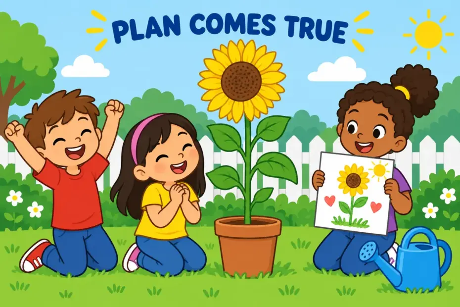 Cartoon children watch a seedling grow into a tall sunflower beside a drawing, showing fruition in a sentence.
