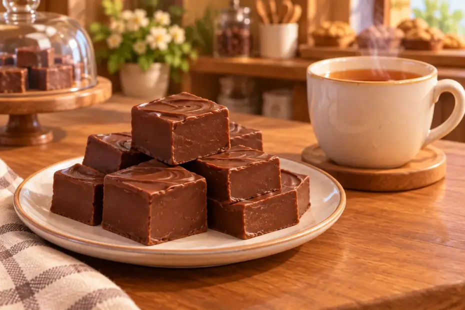 Small squares of chocolate fudge sit on a plate beside a cup of tea.