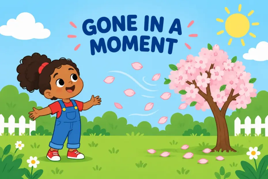 Cartoon petals drift from a branch in a single gust, showing fugacious in a sentence as something short-lived.