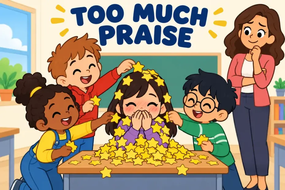 Cartoon pupils heap a towering stack of gold stars on a blushing classmate, showing fulsome in a sentence as praise that goes too far.