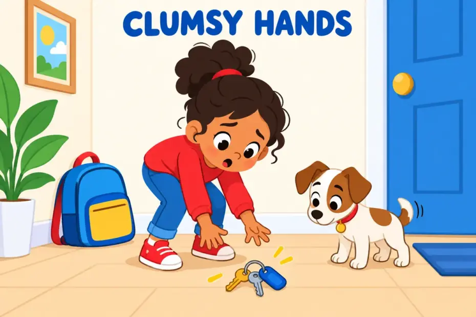 Cartoon child fumbles a set of keys and drops them, showing fumble in a sentence as clumsy handling.