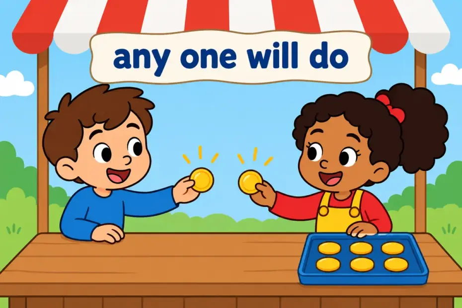 Cartoon children swap identical coins of equal value, illustrating fungible in a sentence as one unit replacing another.
