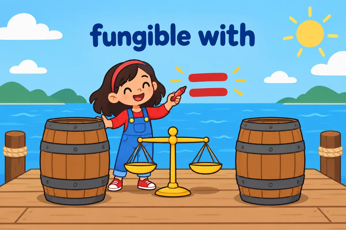 A cartoon child places two matching oil barrels side by side joined by an equals sign, showing the pattern be fungible with.