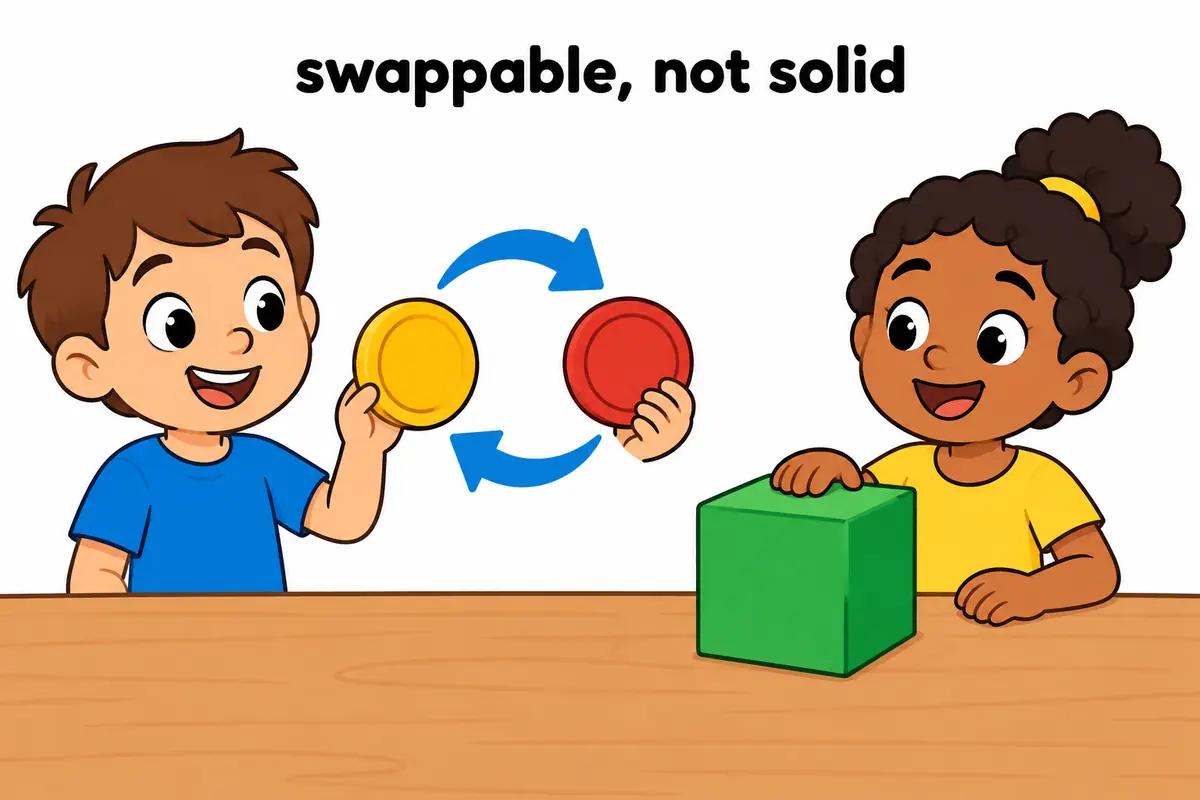 One unified cartoon scene illustrates Fungible tokens swap; a tangible object is simply solid.