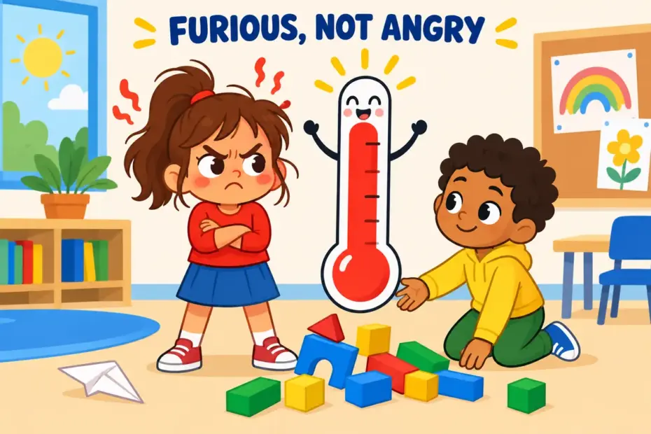 Cartoon children show a rising anger thermometer, illustrating furious in a sentence as anger at the very top of the scale.